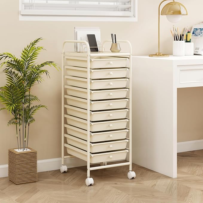 GLACER 10 Drawers Rolling Cart, Storage Cart with w/Removable Drawers & Steel Frame, Utility Mobile Trolley w/Universal Casters & 2 Brakes, Organizer Cart for Home, School, Office (Ivory)