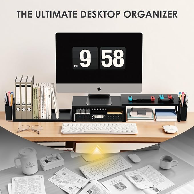 Desk Organizers and Accessories, Dual Monitor Stand Riser with Drawer and 2 Pen Holders, Desk Shelf Computer Racks for Office Workspace Organizers, Desktop Organization (Black)