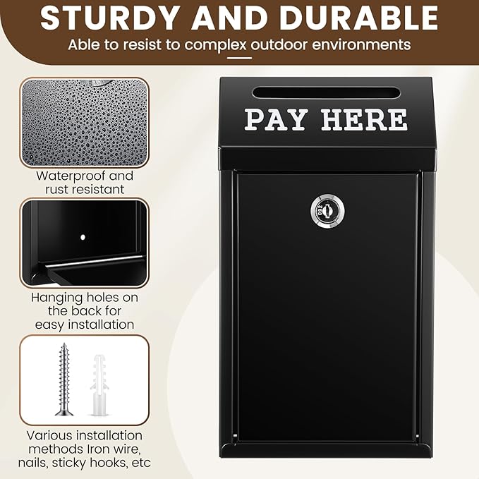 Yaocom Safe Metal Cash Box for Farm Stand – Money Drop and Secure Donation Collection, Wall Mount Lockable Unit with Pre Drilled Holes for Outdoor Self Serve(Black,10.2 x 5.7 x 2.8 Inch)