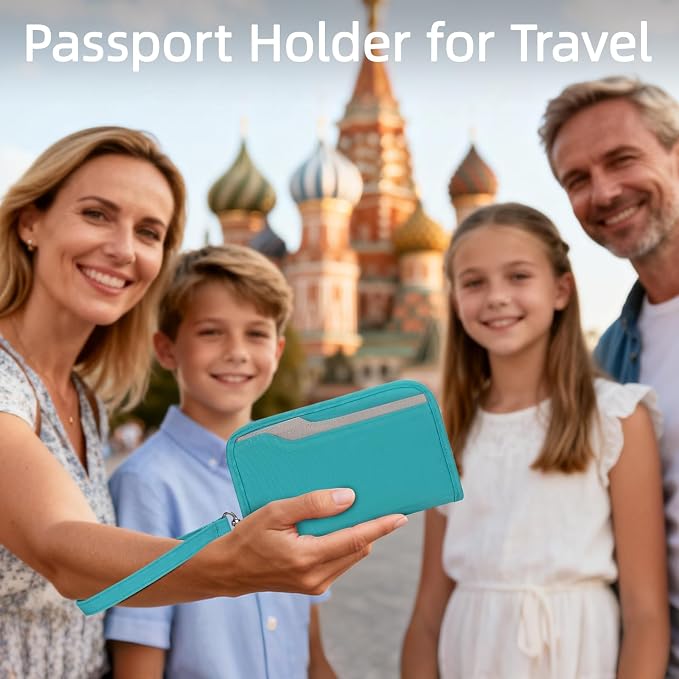 Passport Holder Family RFID Passport Wallet, Passport Holder Women/Men, Travel Wallet Documents Organizer Zipper Case with Removable Wristlet Strap, Travel Essentials for Flying