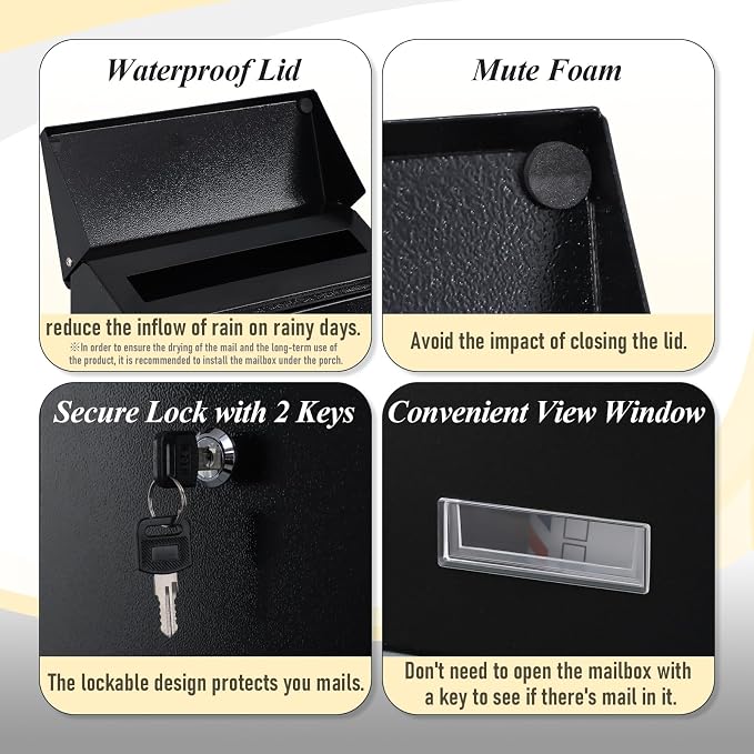 xydled Mail Boxes with Key Lock,Locking Mailbox Wall Mounted,Large Capacity,Steel Cover Metal Postbox for House, Black, 12.34''x8.5''x3''