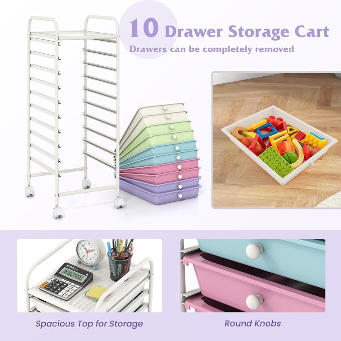 COSTWAY 10-Drawer Rolling Storage Cart, Ice Cream Colorful (Ice Cream Colorful,13"L x 15"W x 34"H (10 Drawer))