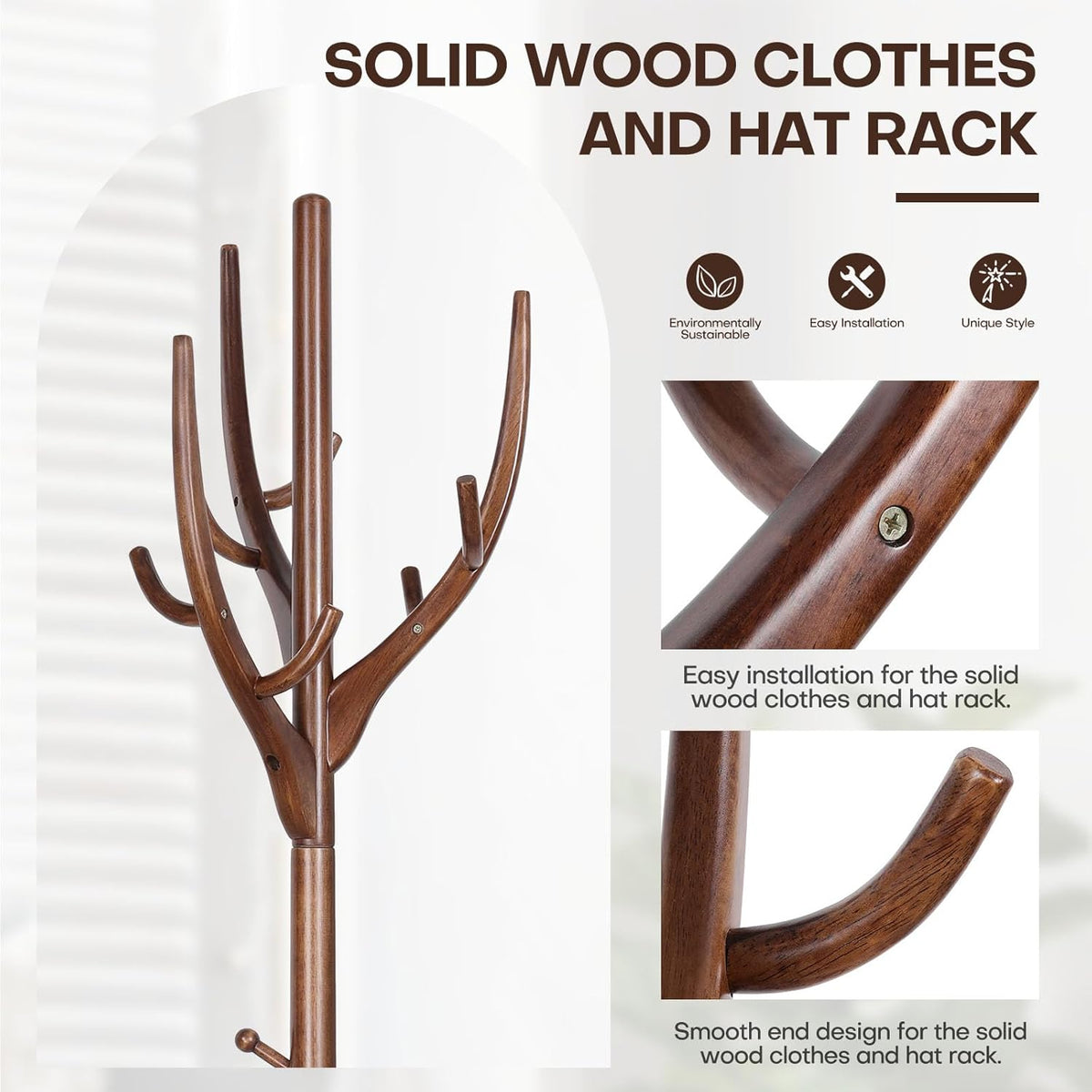 Wood Coat Rack, Coat Tree Freestanding Wooden Coat Rack Stand with 12 Hooks, Heavy Duty Hall Tree Coat Hat Stand with Sturdy Base, Free Standing Coat Racks for Entryway, Bedroom, Brown