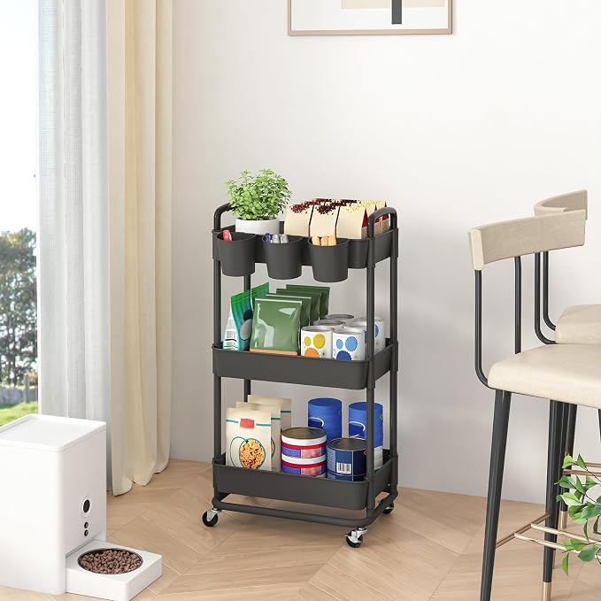 3-Tier Plastic Rolling Storage Cart Utility Cart Black | Utility Cart with Extra Hanging Cups Arc-Shaped Handles Lockable Wheels for Living Room Bathroom Kitchen Office