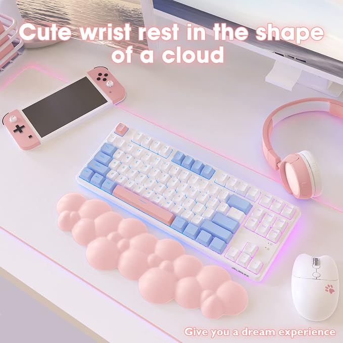 ATTACK SHARK Cloud Mouse Pad Wrist Support and Keyboard Wrist Rest,Ergonomic Design for Typing Pain Relief,Memory Foam Wrist Rest Leather Cup Coaster,Lightweight Desk Gel Hand Wrist Rests(Pink)
