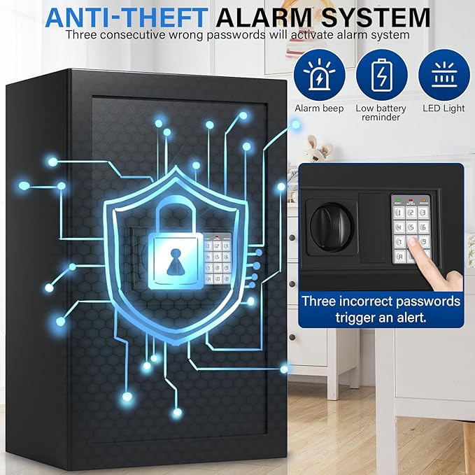 23.62 inches Tall Safe Box, 4.4 Cuft Home Safe with Fireproof Waterproof Bag, Anti-Theft Digital Security Lock Box with Smart Alert System, Removable Shelf, Mute Function, Document Safes for Jewelry