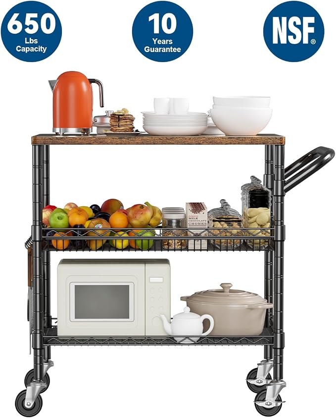 3 Tier Rolling Carts with Wheels, Heavy Duty Rolling Utility Cart with Wood Tabletop, Commercial Grade Metal Cart with Handle and Hooks, NSF Storage Serving Carts for Kitchen Island, Wood+Metal