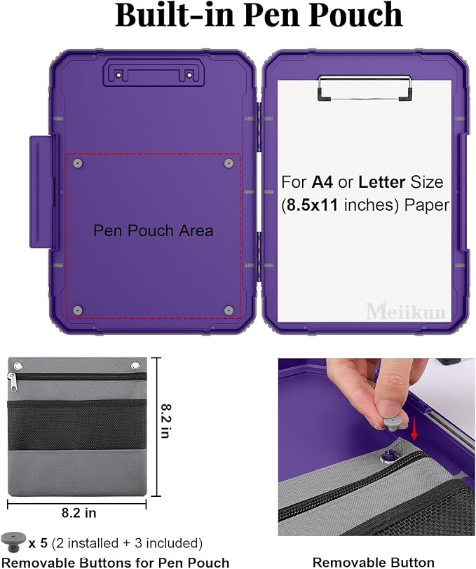 Meiikun Clipboard with Storage, Rugged Shockproof Protective, Internal Pen Pouch & Metal Clip, Heavy Duty Plastic Clip Boards 8.5x11, High Capacity Contractor Folder for School Office (Purple)