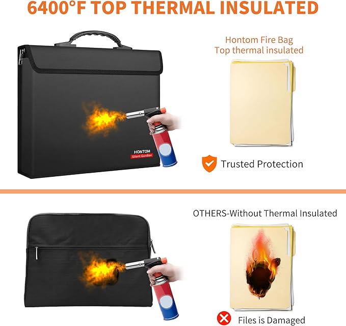 Hontom 6400℉ Fireproof Document Bag with 2 Pockets | Upgraded Material Fireproof Money Bag with Lid, Travel Home Fire Safe Storage Cash Pouch for Important Documents