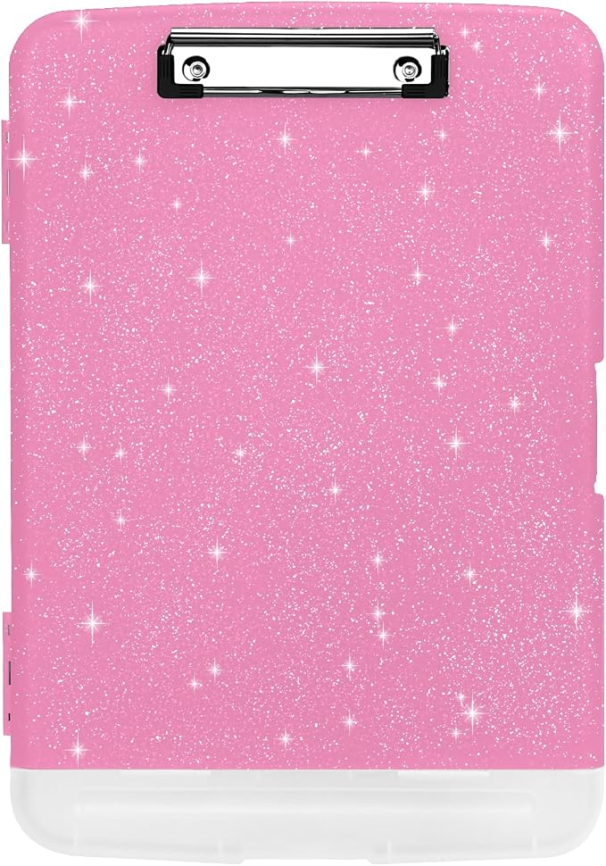 Glitter Clipboard with Storage,Storage Clipboard with Pen Holder,A4 Binder Clip Boards 8.5x11 with Low Profile Clip,Side Opening Sparkle Clipboards, Clipboards Folder for Office Supplies-Rose Pink