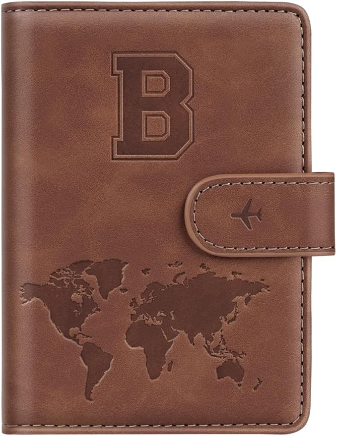 Passport Holder Wallet Cover Personalized Initial Travel Essentials | Embossed Letter A-Z Design, Travel Wallets, RFID Blocking, Passport Book Holders, Women Men, Personalized Gifts, Brown-B