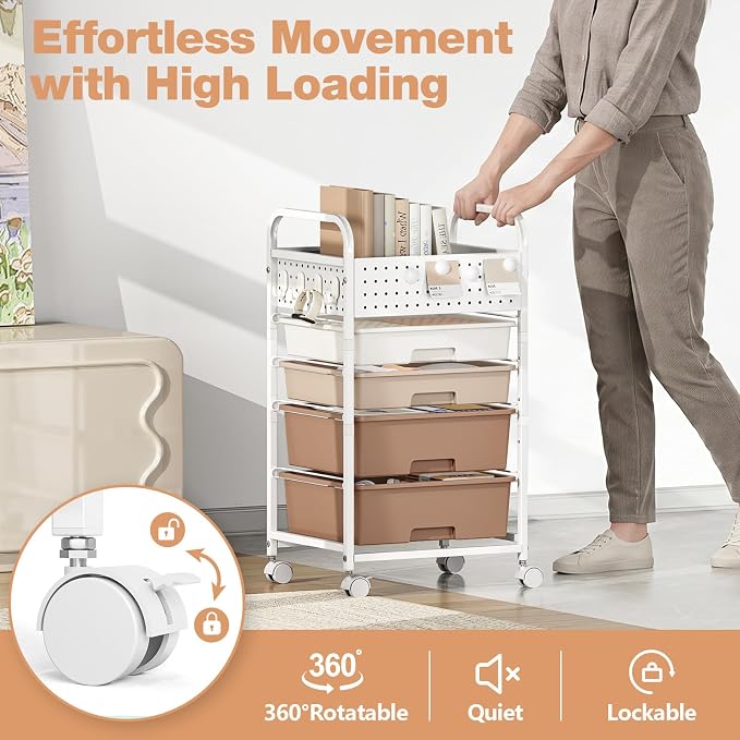 4 Drawer Rolling Storage Cart with Pegboard Top and Hooks, Brown | Mobile Organizer Cart with Wheels for Office Supplies, Craft Storage, Classroom Organization, Home Utility Cart