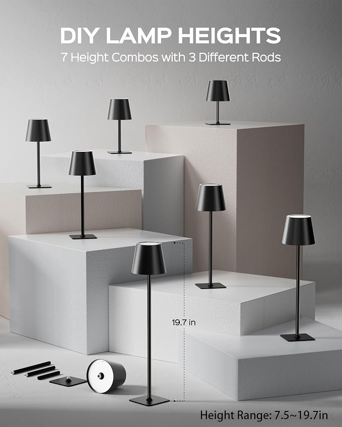 JACKYLED Cordless Table Lamps Rechargeable, 3 Adjustable Height, 5000 Capactiy Operated, 3 Colors Smooth Dimming, Portable LE