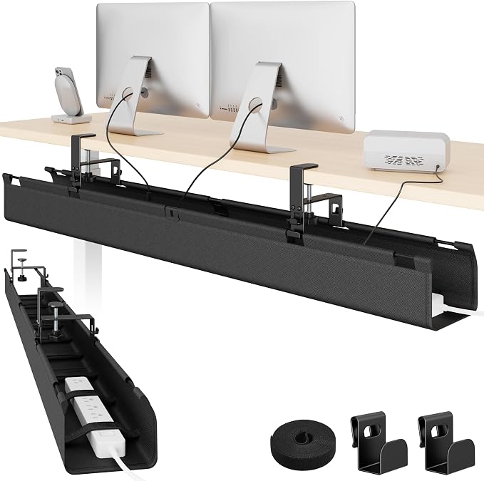 PEGZONE No Drill Under Desk Cable Management Tray, 47.2" Fabric Organizer | Clamp/Screw Premium Mount Cord Holder, for Power Strips, Adapters, with 2 Hooks & 1 Tie Roll for Home Office Gaming, Black