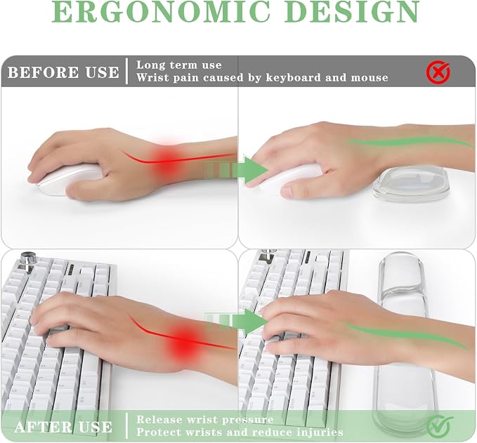 Gel Wrist Rest for Keyboard and Mouse Pad Set | Clear Gel Mouse Pad Wrist Rest, Non-Slip PU Base, Easy Typing, Pain Relief, Cute Desk Wrist Cushion for Office Home（02White）