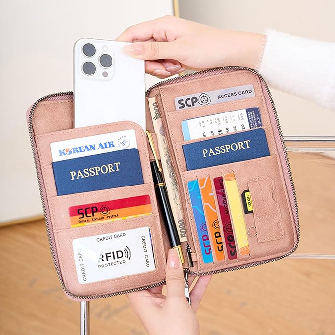 Family Passport Holder for Travel Women and Men Multiple RFID blocking Passport Holder MultiFunction Passport Wallet Passport Case Passport cover with Zipper
