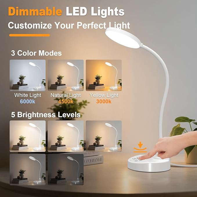 15W LED Desk Lamp with USB Charging Ports, [Button & Remote Control] Dimmable Table Lamp with 3 Color Modes, 5 Brightness Levels, 4 Timers, Flexible Reading Light for Home Office, Bedroom, Kids Study