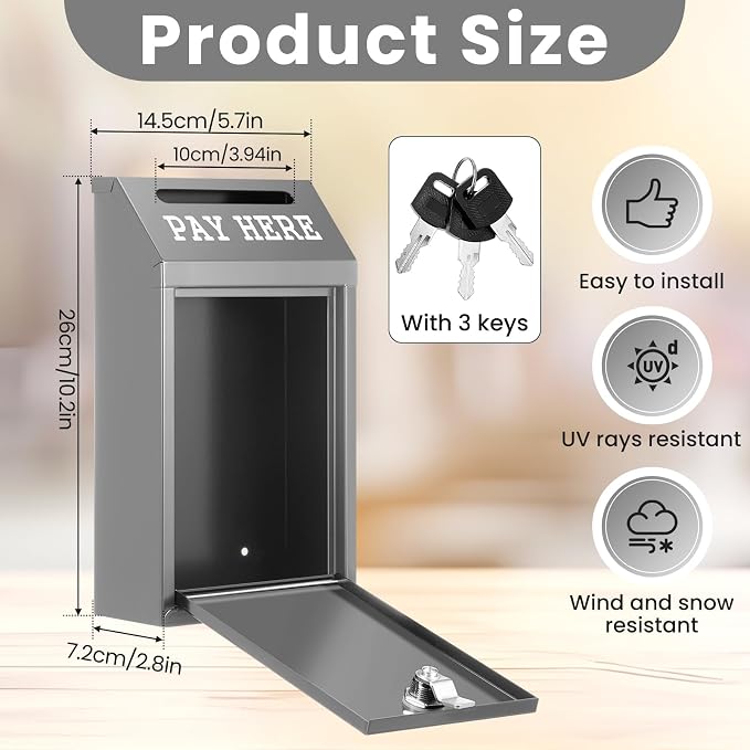 Yaocom Safe Metal Cash Box for Farm Stand – Money Drop and Secure Donation Collection, Wall Mount Lockable Unit with Pre Drilled Holes for Outdoor Self Serve(Grey,10.2 x 5.7 x 2.8 Inch)