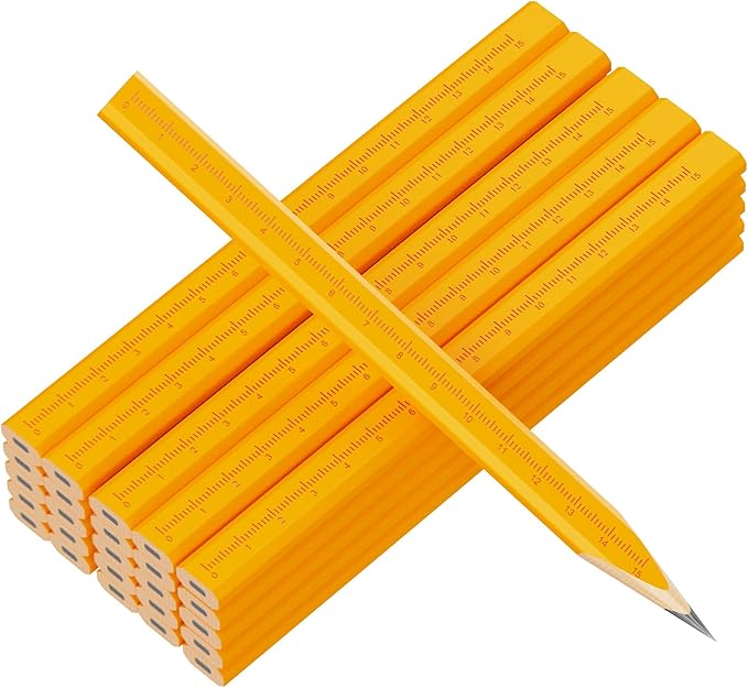 25 Pack Carpenter Pencils with Ruler - Flat Yellow Octagonal Woodworking Pencils for Construction, Marking, Framing - Hard HB Graphite
