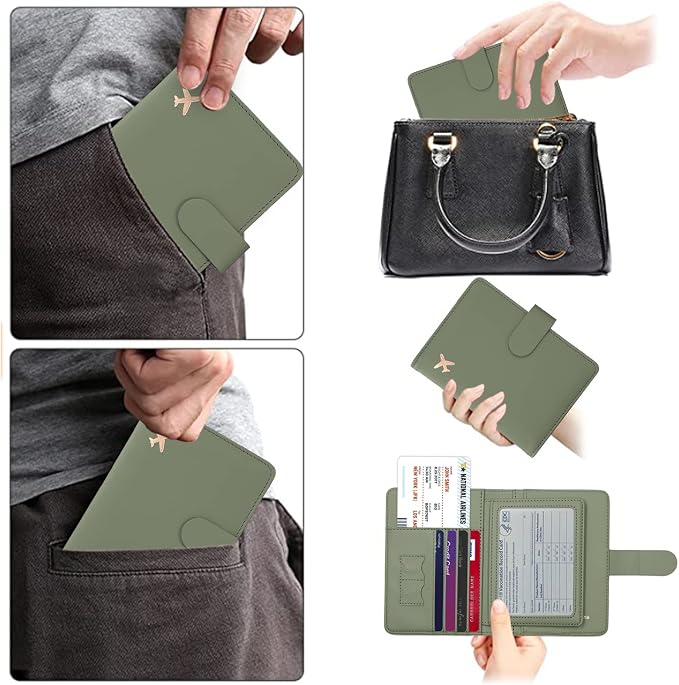 Cnycmy Passport-Wallet-Holder and Vaccine Card Slot, Rfid, Waterproof, PU Leather Travel Passport Case for Women/Men (Moss green)