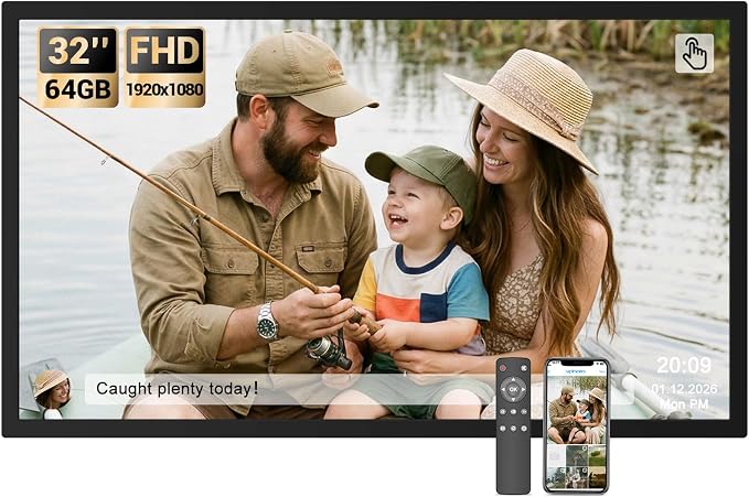 BSIMB 32 Inch Large Digital Picture Frame, Touchscreen 64GB 1920x1080 FHD WiFi Photo Frame Electronic Display Wall Mount Include, Share Pictures/Videos via App/USB/SD, Easy Setup, Gifts for Mom, Black