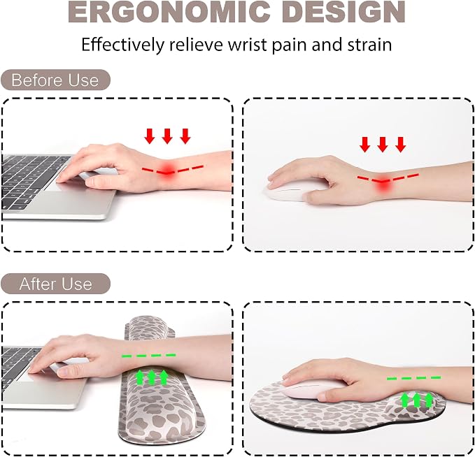 Ergonomic Mouse Pad with Wrist Rest and Keyboard Wrist Rest, Mousepad | Memory Foam Wrist Rest for Computer Keyboard, Pain Relief, Non-Slip Rubber Base, Mouse Pad Wrist Support for Gaming, Leopard