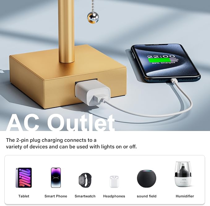 Bedside Lamp for Bedroom Set of 2 - Gold Table Lamp for Nightstand | AC Outlet, 3 Color Temperatures, LED Bulb Included, Pull Chain Design, 14" Rectangular Desk Lamp for Dorm/Office, 2-Pack