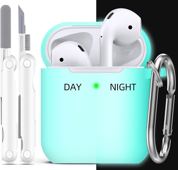 R-fun for AirPods 1/2 Case, Soft Silicone Protective Cover with Keychain and Cleaning Pen, Compatible with AirPods 2nd/1st Generation (2016/2019), Full Drop Protection Cover, Glow Blue
