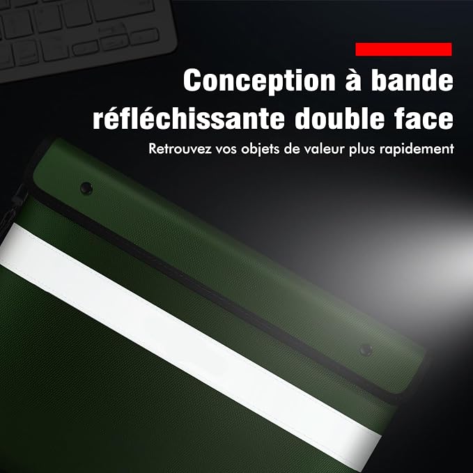 Vailoin 6200°F Fireproof Document Bag, 8 Layers of Heat Insulated Materials | Double-sided Reflective Strip, Waterproof Zipper,Certified to SGS UL94 V-1, for Tablet, Cash, A4-sized documents（Green)