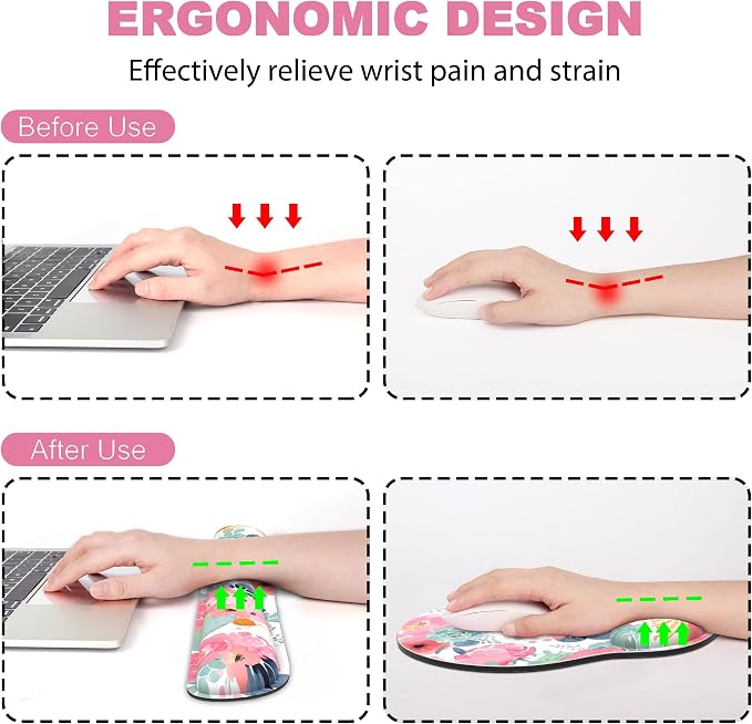 Ergonomic Mouse Pad with Wrist Rest and Keyboard Wrist Rest, Mousepad | Memory Foam Wrist Rest for Computer Keyboard, Pain Relief, Non-Slip Base, Pink Mouse Pad Wrist Support for Gaming, Flower