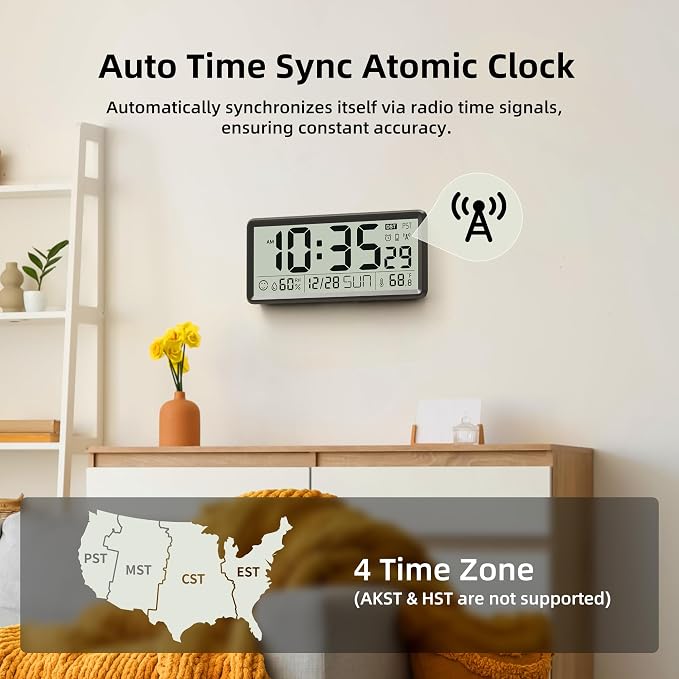 EASYERA 15'' Large Digital Wall Clock Battery Operated, Atomic Clock with Indoor Temperature and Humidity, Self-Setting with Auto DST, for Kitchen, Classroom, Living Room (Batteries Not Included)