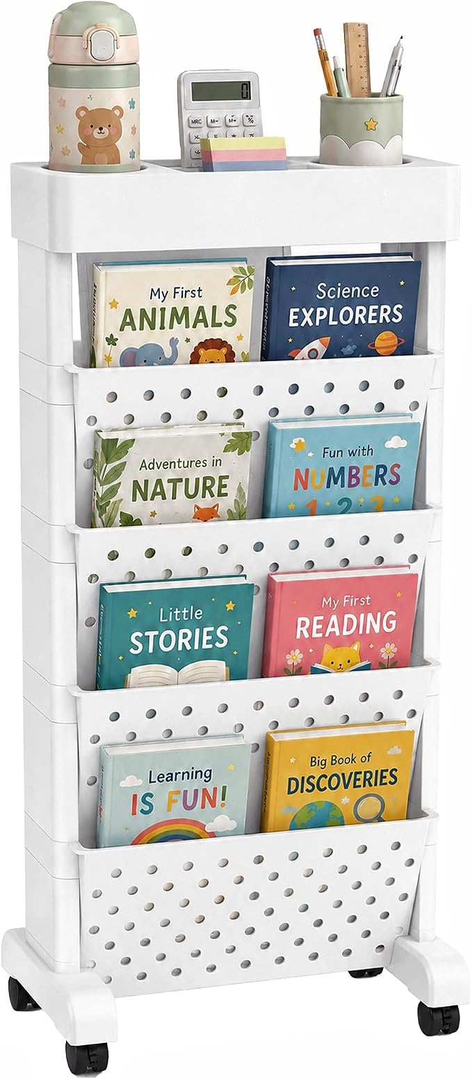 BYFU 5-Tier Movable Bookshelf Cart, 26.0" H, White | Rolling Wheels, File Paper Storage Organizer, Mobile Bookcase, For Home Office Study Classroom