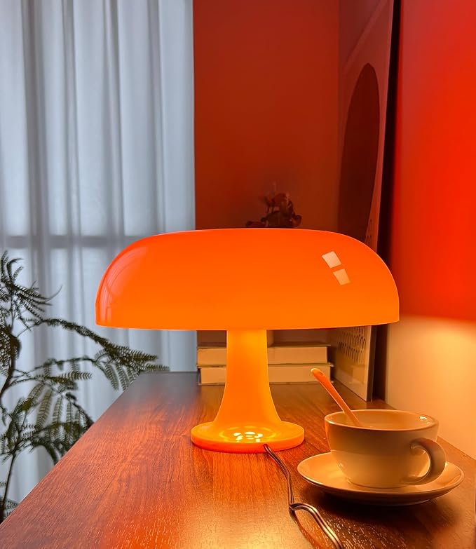 Orange Mushroom Lamp, Mid Century Modern Table Lamp for Bedroom, Minimalist Mushroom Decor Bedside Small Lamps, 2700K(Bulb Included, Plug Powered)