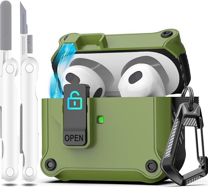 for AirPods 3 Case Cover with Lock Magnetic Lid, Black Green | Compatible with Apple AirPods 3rd Generation (2019) Case with Cleaner Kit & Carabiner, Powerful Drop Protection