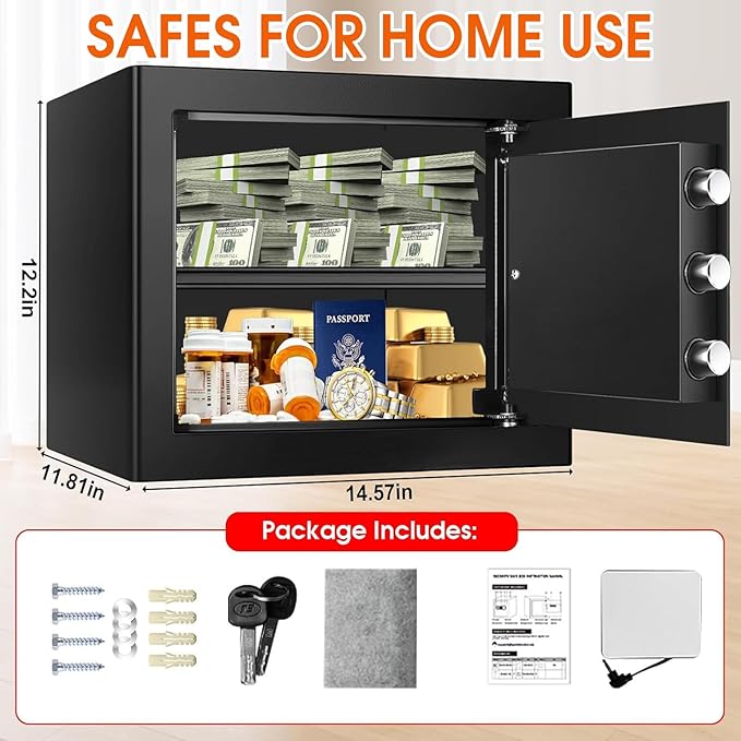 1.8 Cuft Fire proof Safes for HOME USE, Anti-Theft Digital Security Safety Box with Programmable Keypad and Spare Keys, Home Safes Fireproof Waterproof for Money Medicine Document Valuables