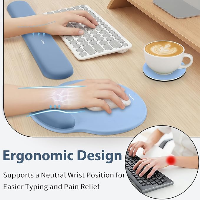 Mouse Pad and Keyboard Wrist Rest, 3-in-1 Gel Memory Foam Ergonomic Mouse Pad with Wrist Rest Set,Gaming Mousepad Arm Cushion Support for Computer Office Desk Accessories Cute Setup,Sky Blue