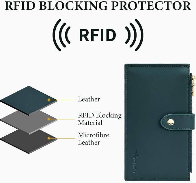 Travelambo Womens Leather Bifold Wallet, Slim RFID Blocking Card Holder | Large Capacity, 16 Card Slots & ID Window, 2 Zipper Pockets, Dual Snap Closure, Slim Lightweight, RFID Privacy Protection
