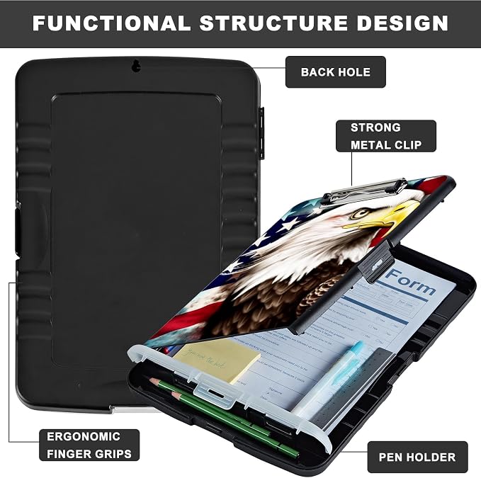 Clipboard with Storage,Heavy Duty Plastic Storage Clipboard with Low Profile Clip,Teacher Must Haves,Office Supplies,American Flag Owl