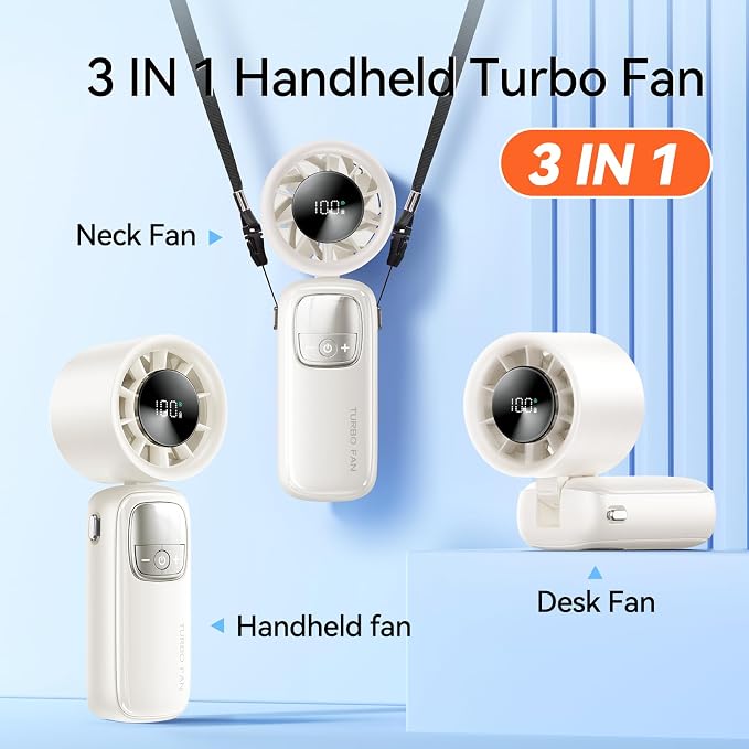 KIMMOO 3-in-1 Portable Handheld Turbo Fan-100 Speeds, 15000 RPM, 10Hrs Cooling, LED Display, 90° Rotation, Travel Fan, Mini Foldable Hand Held Personal Fan for Women Men (white)