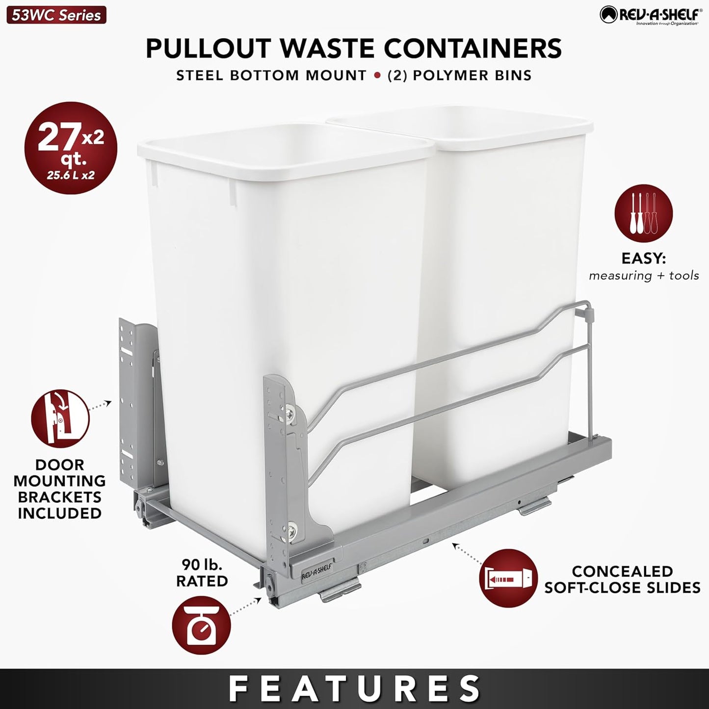 Rev-A-Shelf Double Pullout Trash Can for Base Kitchen Cabinets 27 Quart 12.5 Gallon with Soft-Close Slides, Metallic Silver, 53WC-1527SCDM-217