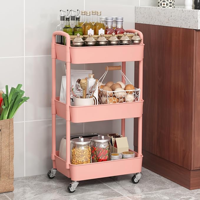 Sywhitta 3-Tier Plastic Rolling Utility Cart with Handle, Multi-Functional Storage Trolley for Office, Living Room, Kitchen, Movable Storage Organizer with Wheels, Pink | Multi-Functional Storage Trolley, for Office, Living Room, Kitchen, Bathroom,Mova...