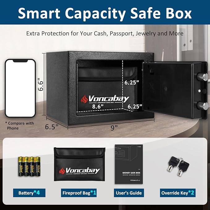 Voncabay Money Safe Box for Home with Sensor Light & Fireproof Money Bag - 0.23 Cubic Feet Security Safe Box with Digital Keypad, Keys & Pass Code Lock, 9.05" W x 6.69" D x 6.69" H, Black