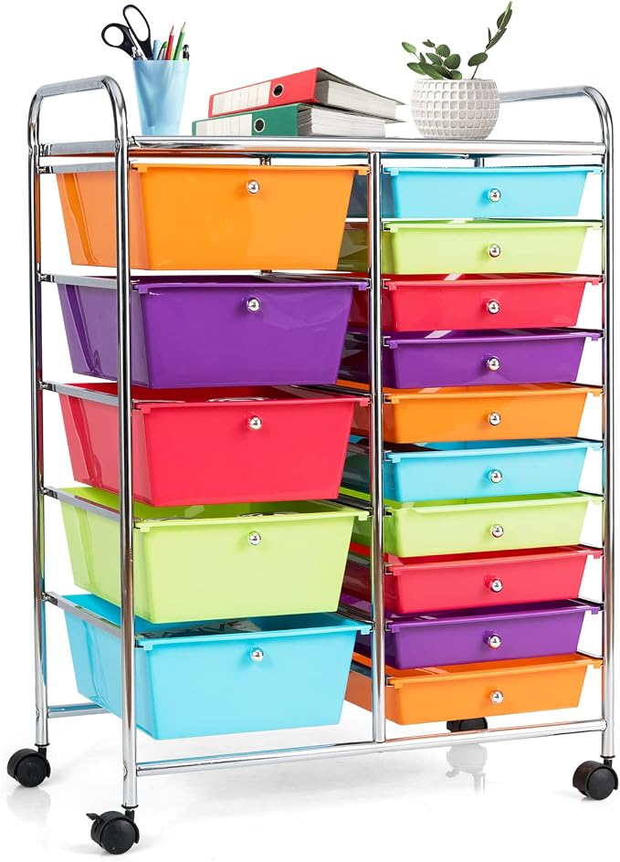 COSTWAY 15 Drawer Rolling Storage Cart, Mobile Storage Organizer | Removable Drawers & Metal Frame, Multipurpose Utility Tools Paper Organizer on Wheels for Home, Office (Multi-color)