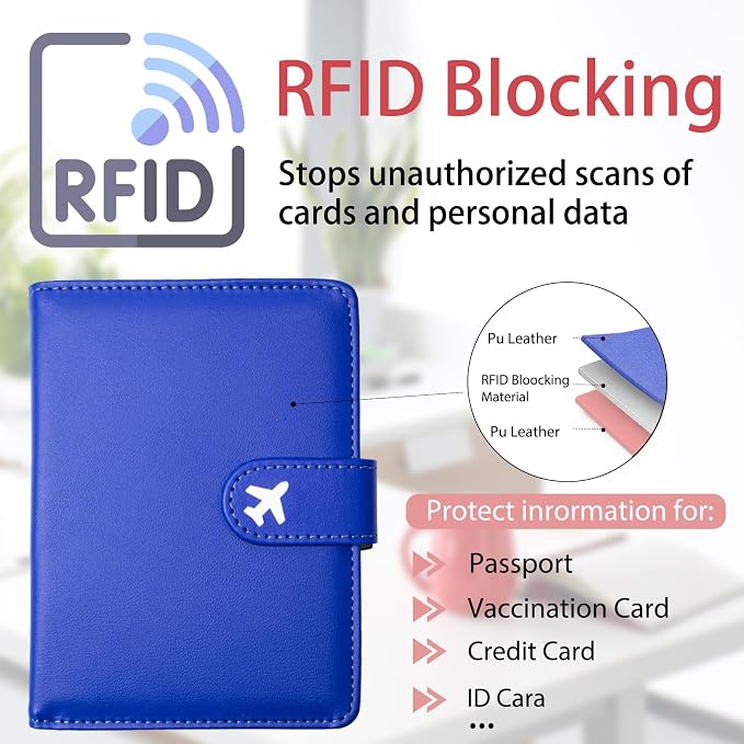 Passport Holder, Cute Travel Wallet Cover with RFID Blocking,Blue | PU leather travel wallet with magnetic closure, card slots, pen loop, and easy access for passports and essentials.