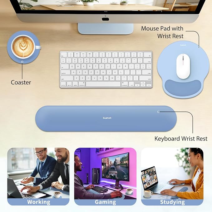 Mouse Pad and Keyboard Wrist Rest, 3-in-1 Gel Memory Foam Ergonomic Mouse Pad with Wrist Rest Set,Gaming Mousepad Arm Cushion Support for Computer Office Desk Accessories Cute Setup,Sky Blue