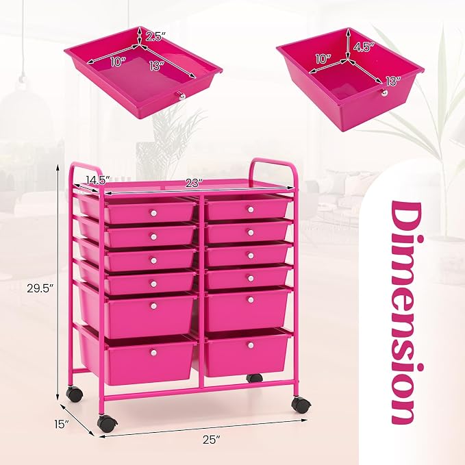 12 Drawer Rolling Storage Cart, Craft Cart Organizer on Wheels w/Metal Frame, Large Capacity & Smooth Drawer, Rolling Cart w/Drawers for Classroom, Office