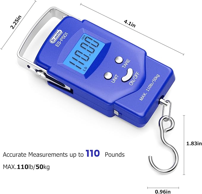 Dr.meter Fish Scale, 110 lb Digital Luggage Scale with Tape | 110 lb Capacity, Backlit LCD, Built-In Tape, Includes 2 AAA Batteries, Compact Pocket Size