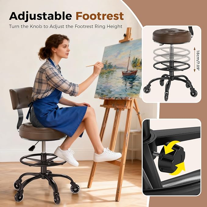 Office Drafting Chair with Footrest, Tall Height Adjustable Stool with Back Support, Heavy Duty Rolling Stool Chair with Wheels for Office Home Kitchen Bar Shop Guitar Studio Vanity, Brown