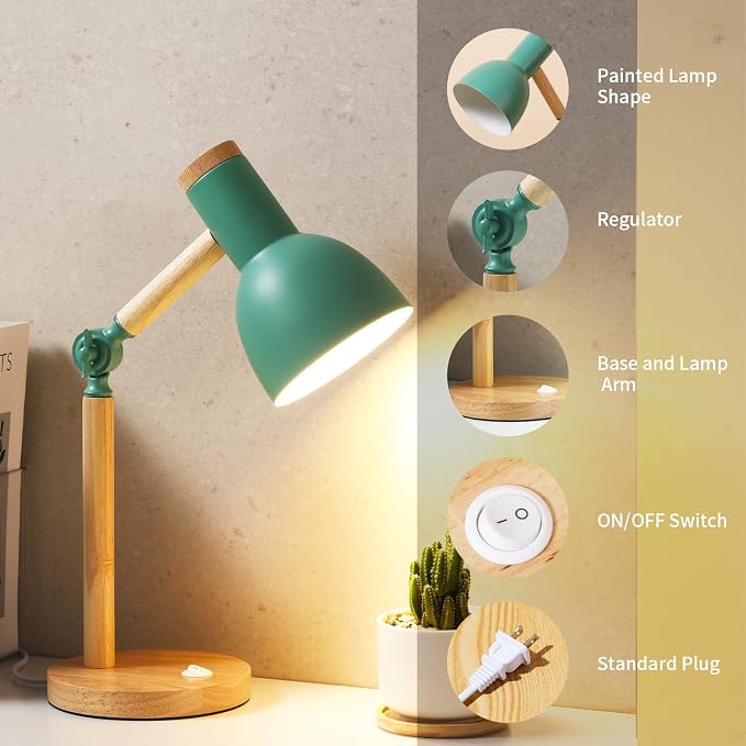 Adjustable Wooden Arm Desk Lamp, Metal Shade Table Lamp | Dorm Lamp,Bedside Lamp,Reading Lamp,Lamp for Home Office