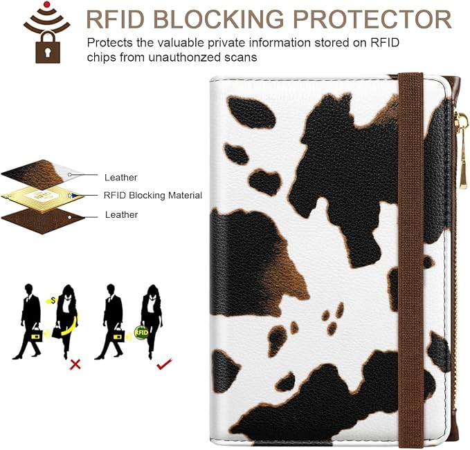 Passport Holder for Travel, RFID Blocking Passport Cover for Women Zipper | Travel Wallets, Passport Book Holder, Credit Card Holder, ID Window,SIM Card Slots, Coin & Tickets Pocket, Cow Print